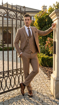 Men’s Rossiman Tan Suit with Gold Buttons, Peak Lapel Jacket and Double Breasted Vest