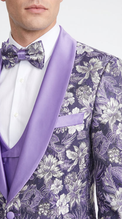 Men’s Lilac Lavender Prom Suit – Floral Shawl Lapel 3 Piece Tuxedo with Matching Vest and Pants