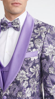 Men’s Lilac Lavender Prom Suit – Floral Shawl Lapel 3 Piece Tuxedo with Matching Vest and Pants
