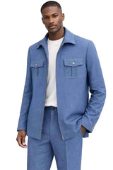 Mens Light Blue Casual Suit Set – Modern Zip Jacket with Flap Pockets and Matching Pants  Modern Fit
