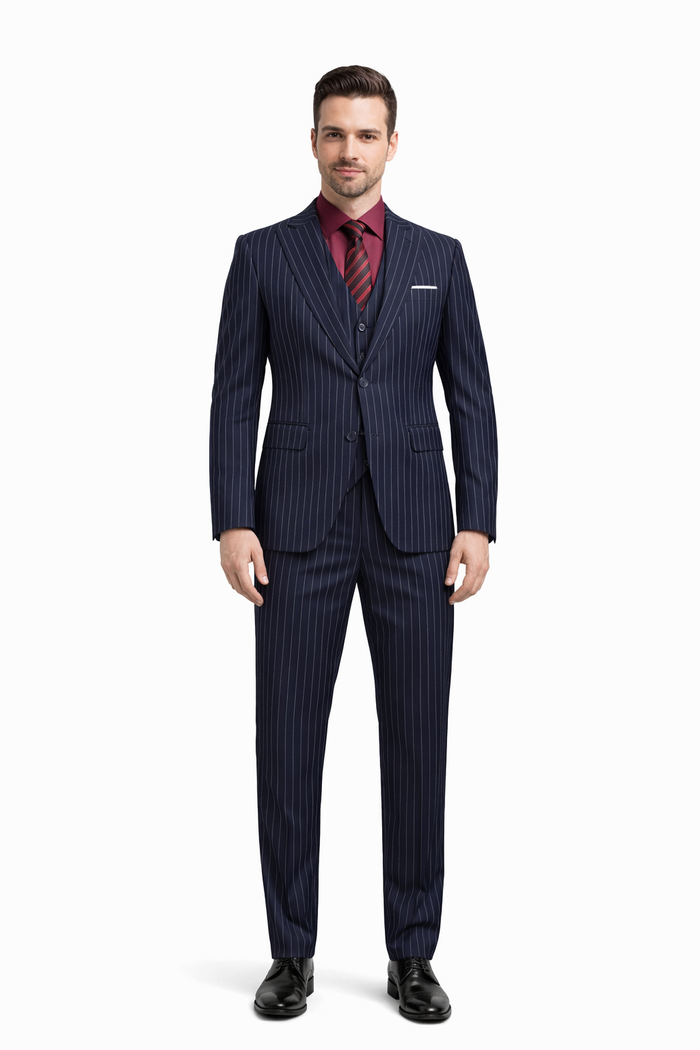 1920 Fashion For Men Dark Navy Blue Suit For Men Chalk White Pinstripe Stripe 2 Buttons Vested Suit