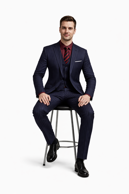 1920 Fashion For Men Dark Navy Blue Suit For Men Chalk White Pinstripe Stripe 2 Buttons Vested Suit - Image 4