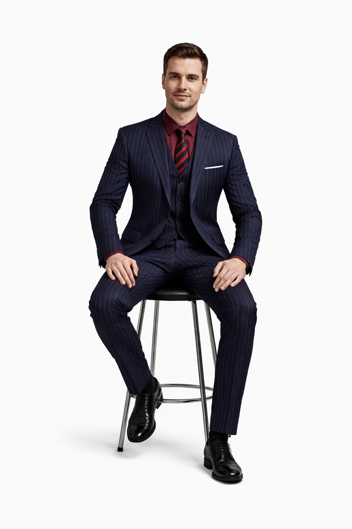 1920 Fashion For Men Dark Navy Blue Suit For Men Chalk White Pinstripe Stripe 2 Buttons Vested Suit - Image 4