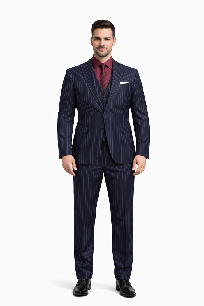 1920 Fashion For Men Dark Navy Blue Suit For Men Chalk White Pinstripe Stripe 2 Buttons Vested Suit - Image 6