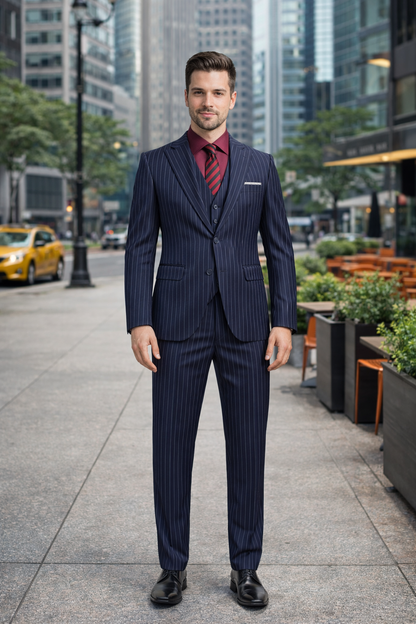 1920 Fashion For Men Dark Navy Blue Suit For Men Chalk White Pinstripe Stripe 2 Buttons Vested Suit - Image 7