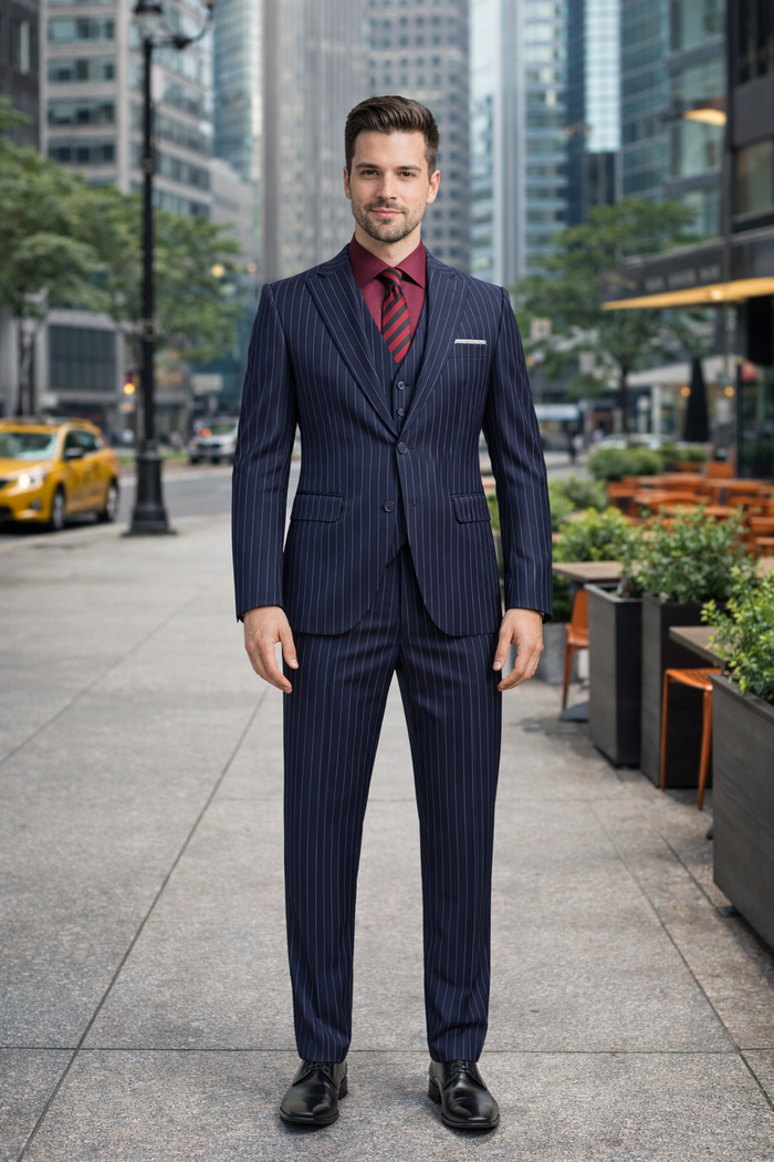 1920 Fashion For Men Dark Navy Blue Suit For Men Chalk White Pinstripe Stripe 2 Buttons Vested Suit - Image 7