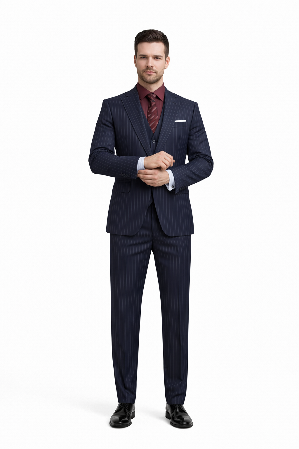 1920 Fashion For Men Dark Navy Blue Suit For Men Chalk White Pinstripe Stripe 2 Buttons Vested Suit - Image 5
