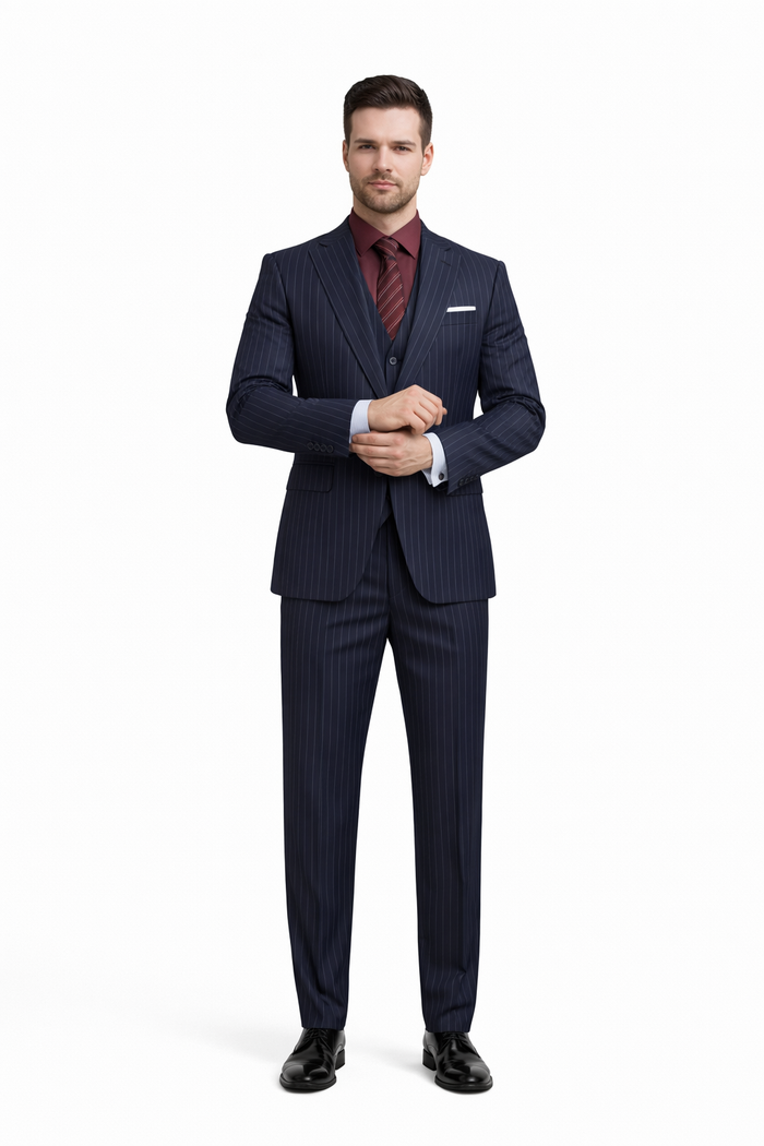 1920 Fashion For Men Dark Navy Blue Suit For Men Chalk White Pinstripe Stripe 2 Buttons Vested Suit - Image 5
