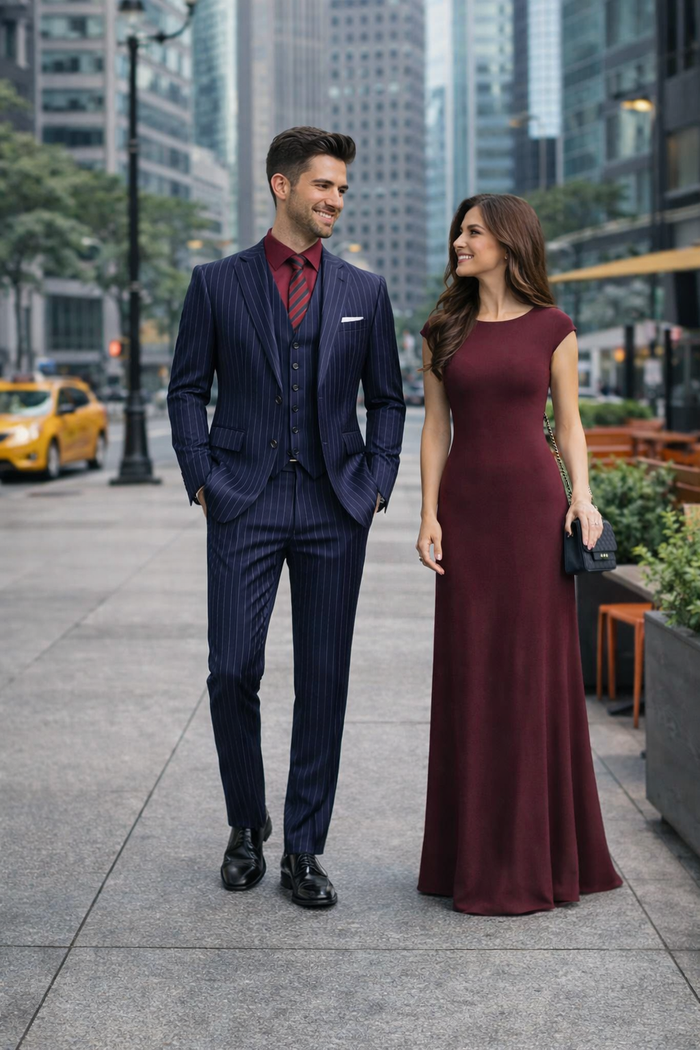 1920 Fashion For Men Dark Navy Blue Suit For Men Chalk White Pinstripe Stripe 2 Buttons Vested Suit - Image 8