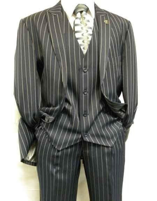 1920'S Gangster Bold Pinstripe Suit ~ Stripe Men'S Stripe Mars Dark Blue Fashion Vested Suit Pleated Pant