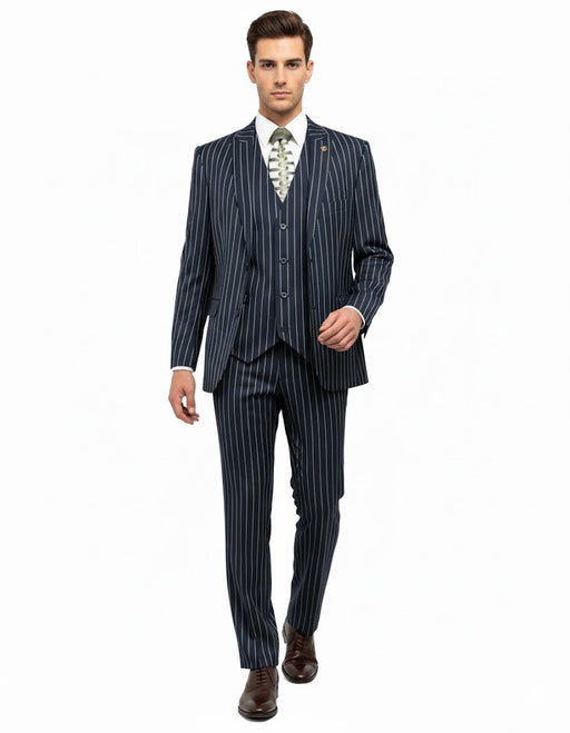 1920'S Gangster Bold Pinstripe Suit ~ Stripe Men'S Stripe Mars Dark Blue Fashion Vested Suit Pleated Pant