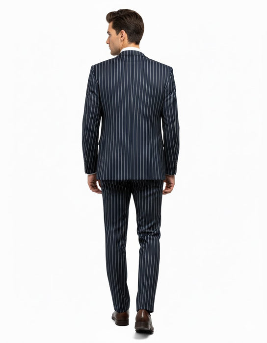 1920'S Gangster Bold Pinstripe Suit ~ Stripe Men'S Stripe Mars Dark Blue Fashion Vested Suit Pleated Pant