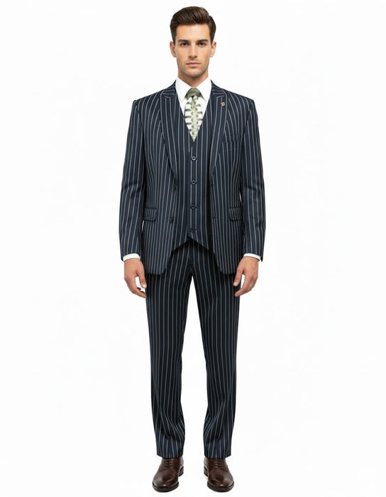 1920'S Gangster Bold Pinstripe Suit ~ Stripe Men'S Stripe Mars Dark Blue Fashion Vested Suit Pleated Pant