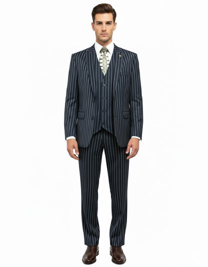 1920'S Gangster Bold Pinstripe ~ Stripe Men'S Stripe Mars Dark Blue Fashion Vested Suit Pleated Pant - Image 5