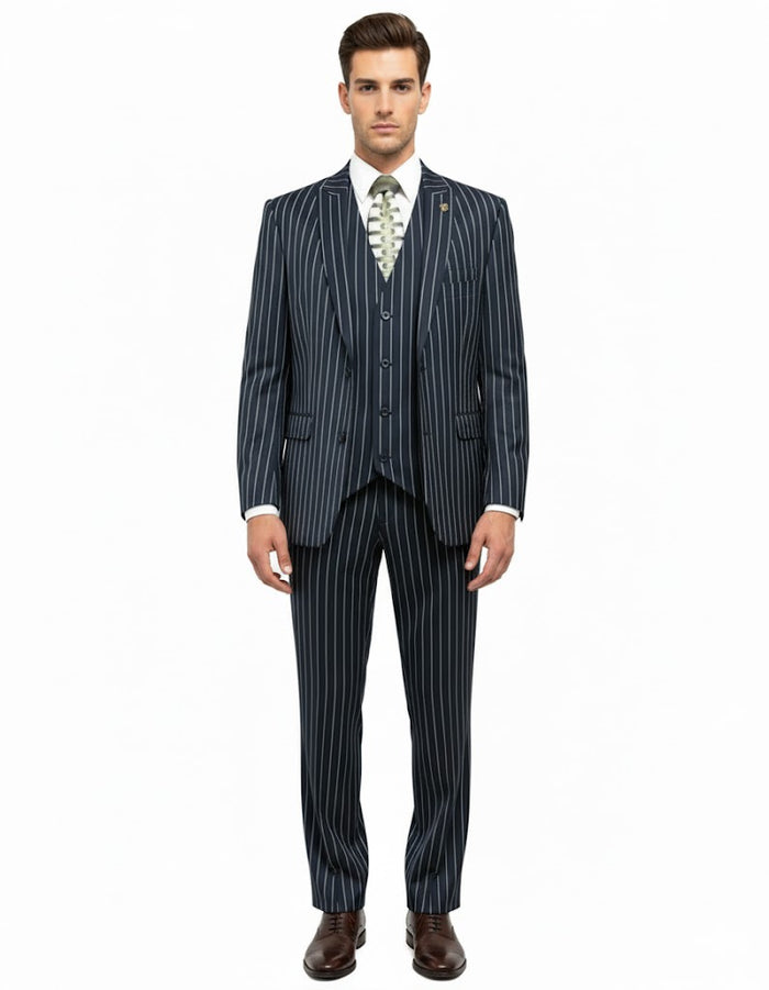 1920'S Gangster Bold Pinstripe ~ Stripe Men'S Stripe Mars Dark Blue Fashion Vested Suit Pleated Pant - Image 5