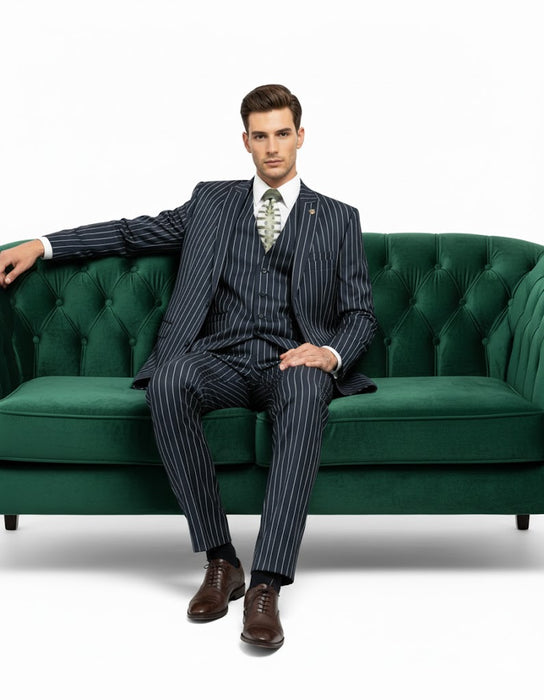 1920'S Gangster Bold Pinstripe Suit ~ Stripe Men'S Stripe Mars Dark Blue Fashion Vested Suit Pleated Pant