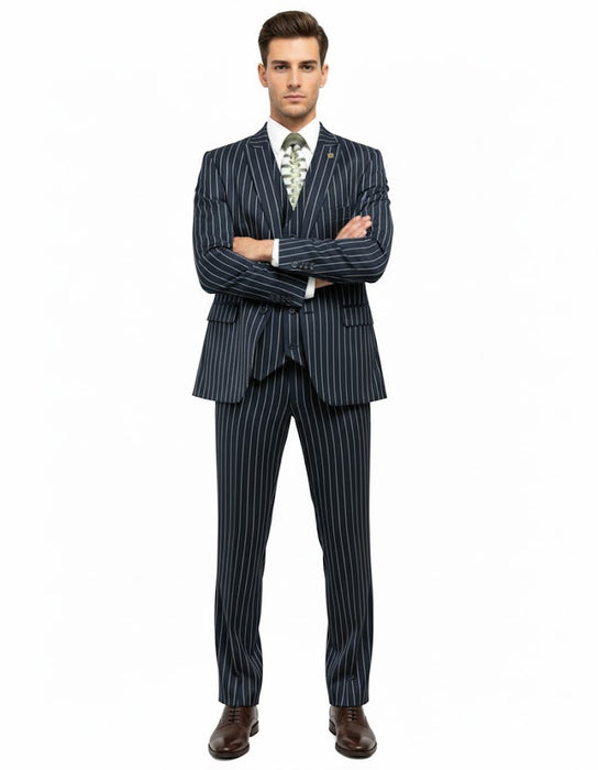 1920'S Gangster Bold Pinstripe Suit ~ Stripe Men'S Stripe Mars Dark Blue Fashion Vested Suit Pleated Pant