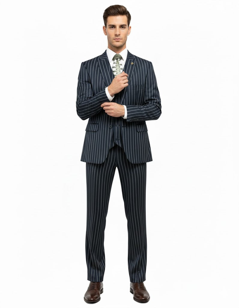 1920'S Gangster Bold Pinstripe ~ Stripe Men'S Stripe Mars Dark Blue Fashion Vested Suit Pleated Pant - Image 8