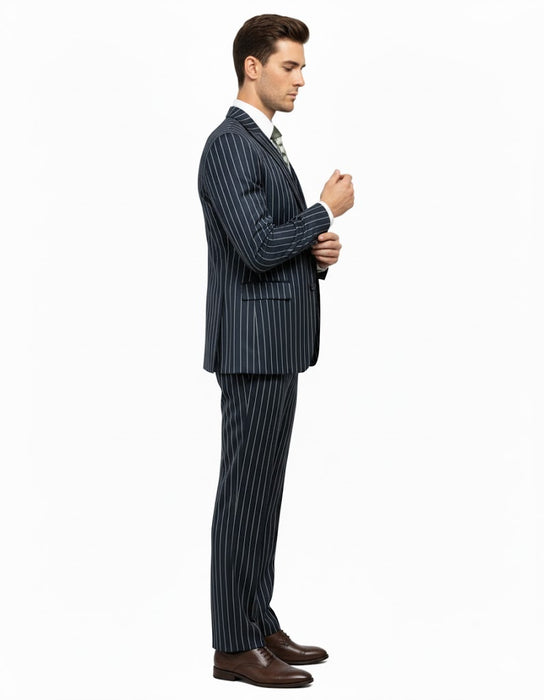 1920'S Gangster Bold Pinstripe Suit ~ Stripe Men'S Stripe Mars Dark Blue Fashion Vested Suit Pleated Pant