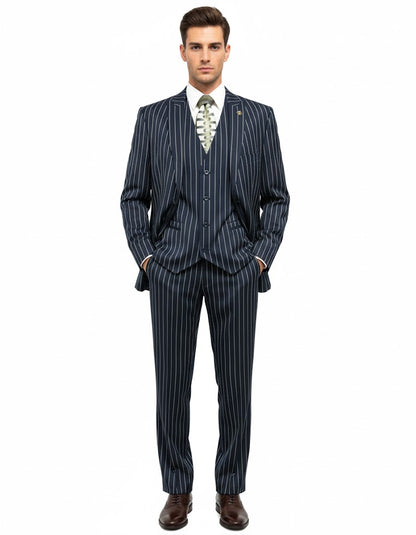 1920'S Gangster Bold Pinstripe ~ Stripe Men'S Stripe Mars Dark Blue Fashion Vested Suit Pleated Pant - Image 9