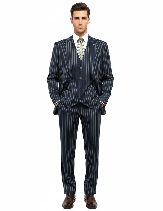 1920'S Gangster Bold Pinstripe Suit ~ Stripe Men'S Stripe Mars Dark Blue Fashion Vested Suit Pleated Pant