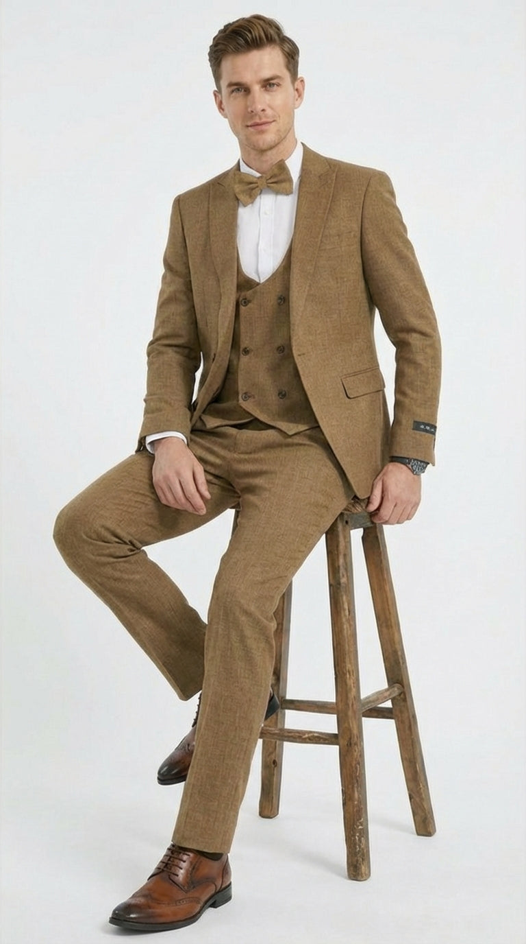 Mens Mocca Brown Taupe textured 1920s Great Gatsby Inspired Suit – Vintage Three Piece Retro Formal Suit Peak Lapel Modern Fit