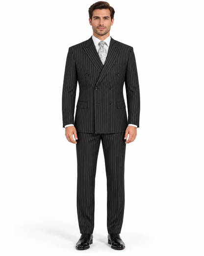 Banker Collection-Men's Double Breasted Pinstripe Black Suit