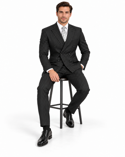 Banker Collection-Men's Double Breasted Pinstripe Black Suit