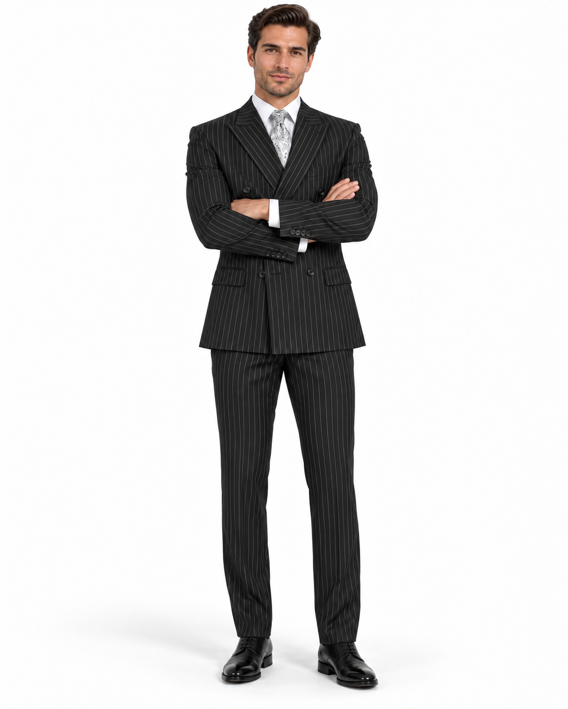 Banker Collection-Men's Double Breasted Pinstripe Black Suit