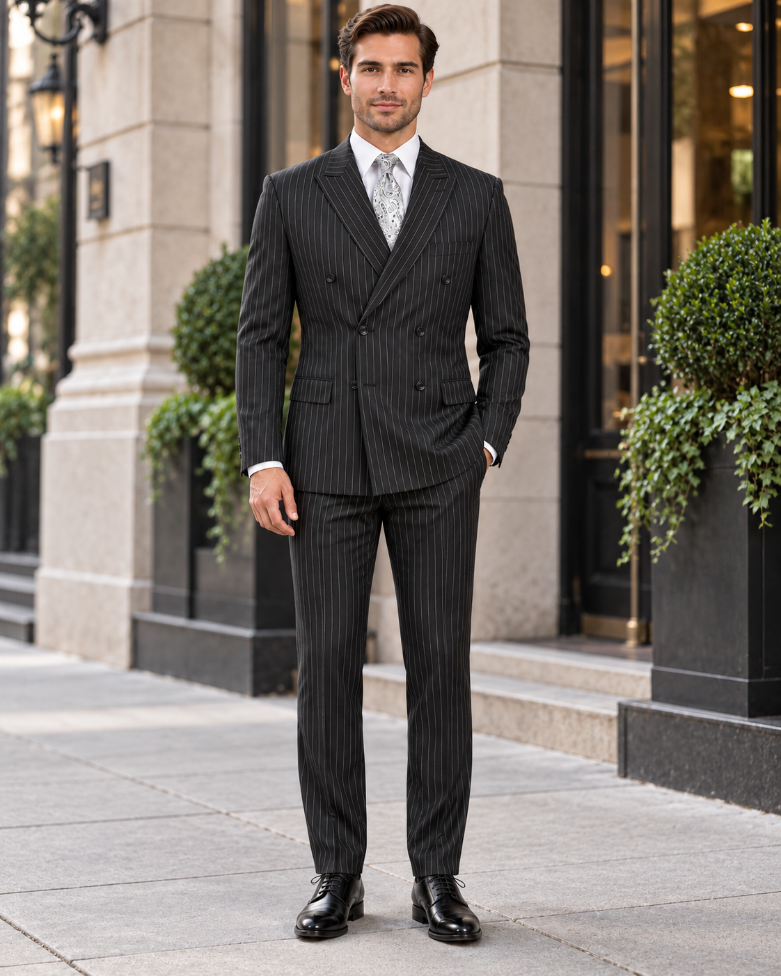 Banker Collection-Men's Double Breasted Pinstripe Black Suit