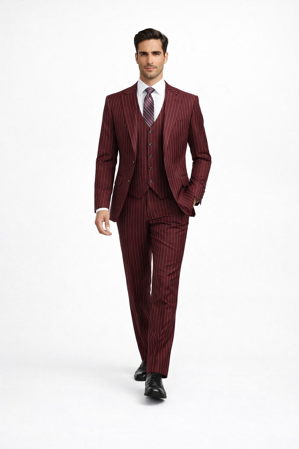 1920s Mens Suit - 1920s Mens Outfit - 1920s  costume  Bold Pinstripe Wide Suit in Burgundy - Image 4