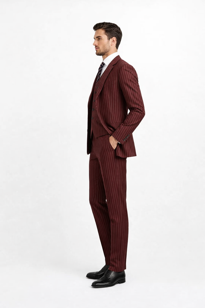 1920s Mens Suit - 1920s Mens Outfit - 1920s  costume  Bold Pinstripe Wide Suit in Burgundy - Image 2