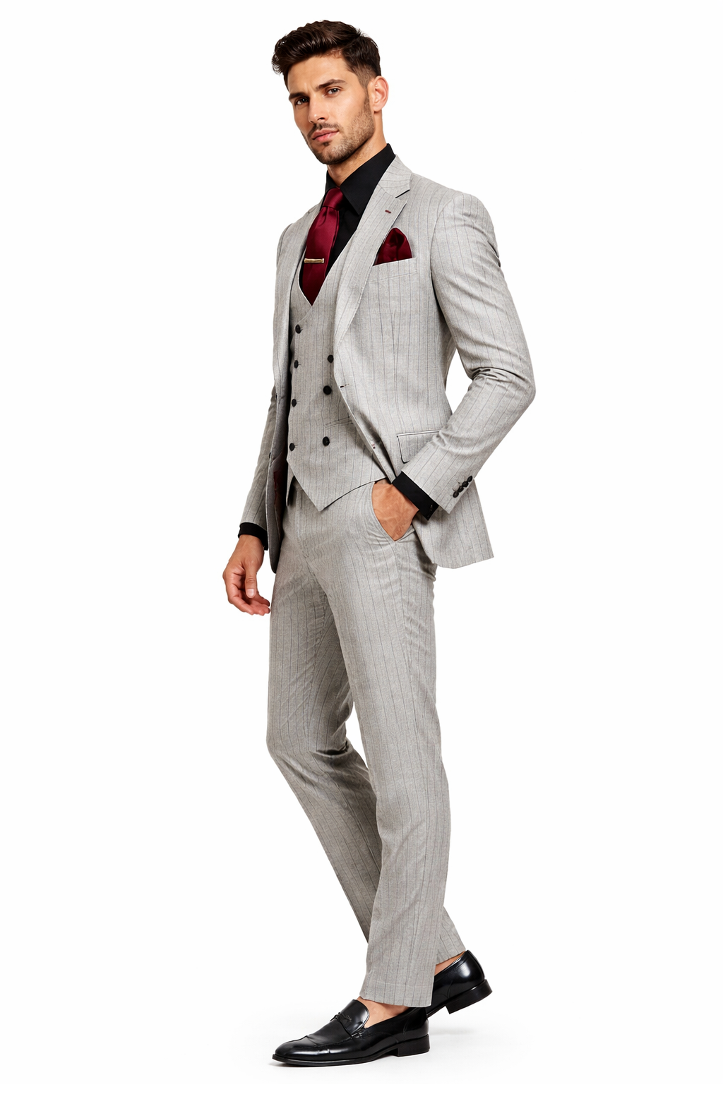 1920s Mint Grey And Black Pinstripe Suit - Vested Stripe Gangster Suit - SAM371SK-01 - Image 3