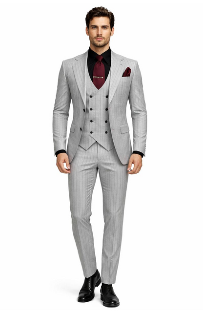 1920s Mint Grey And Black Pinstripe Suit - Vested Stripe Gangster Suit - SAM371SK-01
