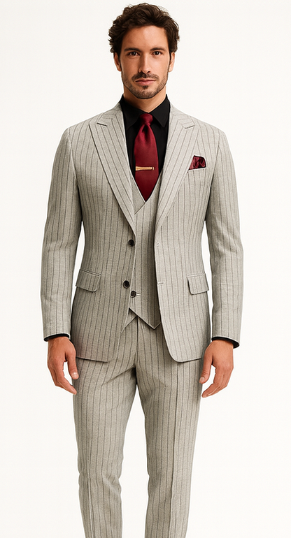1920s Mint Grey And Black Pinstripe Suit - Vested Stripe Gangster Suits - SAM371SK-01