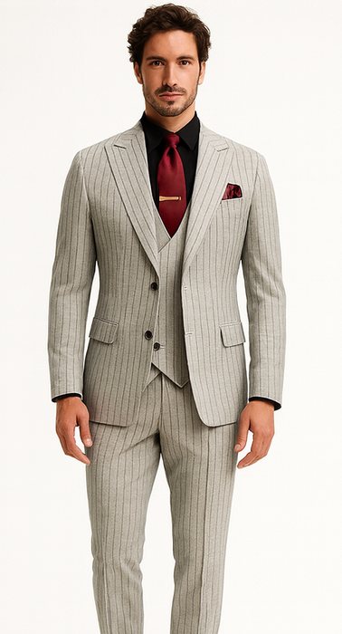 1920s Mint Grey And Black Pinstripe Suit - Vested Stripe Gangster Suits - SAM371SK-01