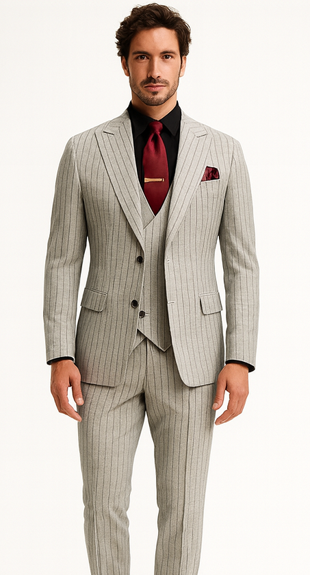 1920s Mint Grey And Black Pinstripe Suit - Vested Stripe Gangster Suits - SAM371SK-01