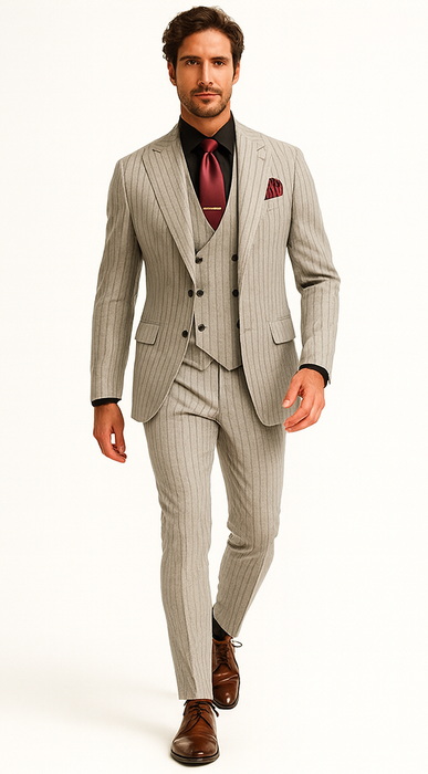 1920s Mint Grey And Black Pinstripe Suit - Vested Stripe Gangster Suits - SAM371SK-01