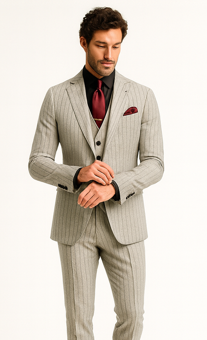 1920s Mint Grey And Black Pinstripe Suit - Vested Stripe Gangster Suits - SAM371SK-01