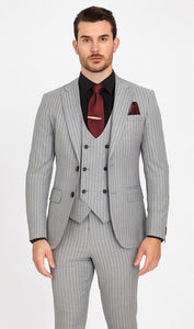 1920s Mint Grey And Black Pinstripe Suit - Vested Stripe Gangster Suits - SAM371SK-01