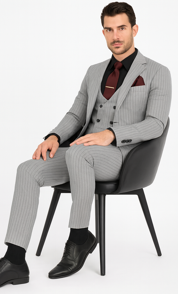 1920s Mint Grey And Black Pinstripe Suit - Vested Stripe Gangster Suits - SAM371SK-01 - Image 4