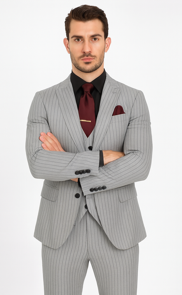 1920s Mint Grey And Black Pinstripe Suit - Vested Stripe Gangster Suits - SAM371SK-01 - Image 5