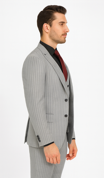 1920s Mint Grey And Black Pinstripe Suit - Vested Stripe Gangster Suits - SAM371SK-01