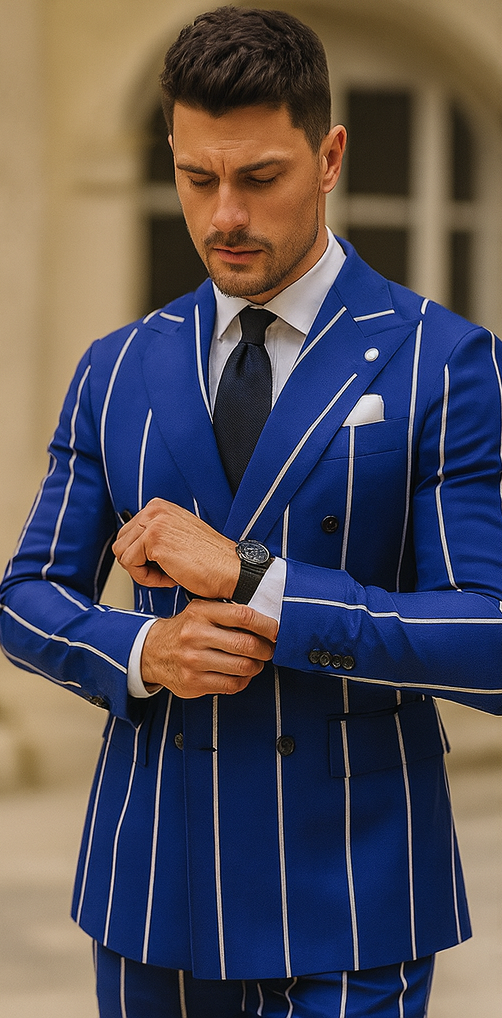1920s Style Suit - Gangster Suit - Pinstripe Suit - Double Breasted Suits - Black and Gold Pinstripe - Royal and White Pinstripe - Image 5