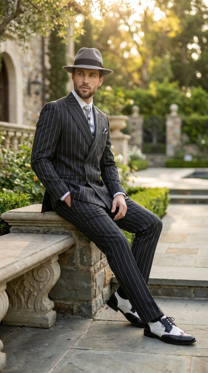 Mens Black Pinstripe AI Capone Suit – Vintage 1920s Gangster Style Two Piece Formal Suit