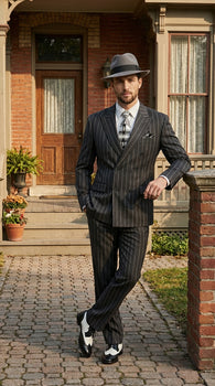 Mens Black Pinstripe AI Capone Suit – Vintage 1920s Gangster Style Three Piece Formal Suit
