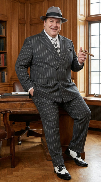Mens Black Pinstripe AI Capone Suit – Vintage 1920s Gangster Style Two Piece Formal Suit