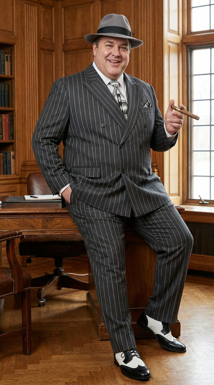 Mens Black Pinstripe AI Capone Suit – Vintage 1920s Gangster Style Two Piece Formal Suit