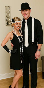 1920s Costumes Include Gangster Hat + Black Shirt + Black Flat Front Pants + Suspender + Free Tie  unhemmed unfinished bottom Bundle Deal