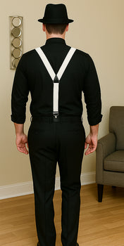 1920s Costumes Include Gangster Hat + Black Shirt + Black Flat Front Pants + Suspender + Free Tie  unhemmed unfinished bottom Bundle Deal - Image 3